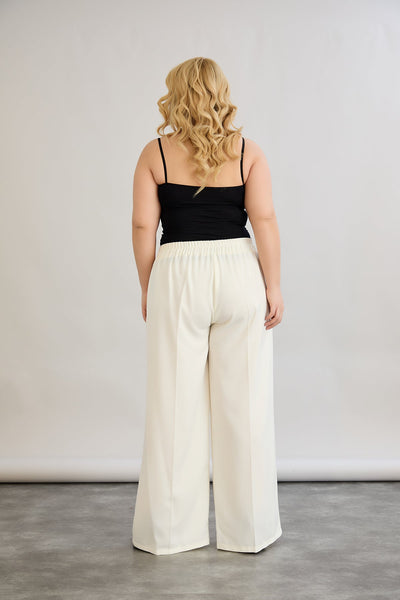 Pantaloni largi marime mare cu talie elastica din in si bumbac - sampanie