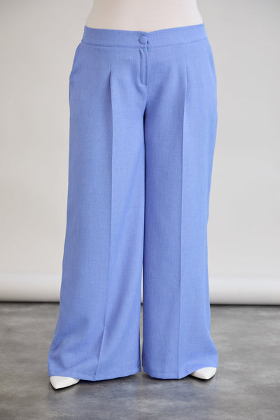Pantaloni largi marime mare cu talie elastica din in si bumbac - albastru