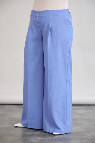 Pantaloni largi marime mare cu talie elastica din in si bumbac - albastru