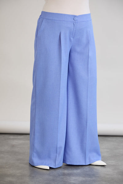 Pantaloni largi marime mare cu talie elastica din in si bumbac - albastru