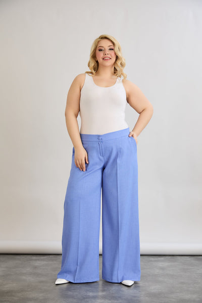 Pantaloni largi marime mare cu talie elastica din in si bumbac - albastru