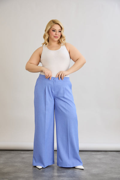 Pantaloni largi marime mare cu talie elastica din in si bumbac - albastru