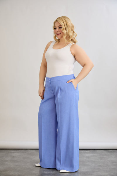 Pantaloni largi marime mare cu talie elastica din in si bumbac - albastru