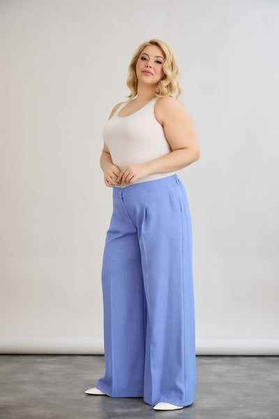 Pantaloni largi marime mare cu talie elastica din in si bumbac - albastru