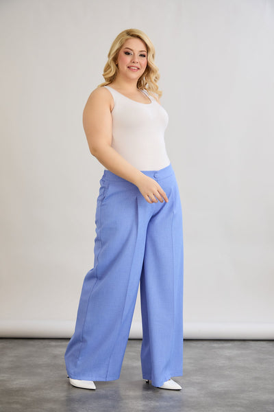 Pantaloni largi marime mare cu talie elastica din in si bumbac - albastru
