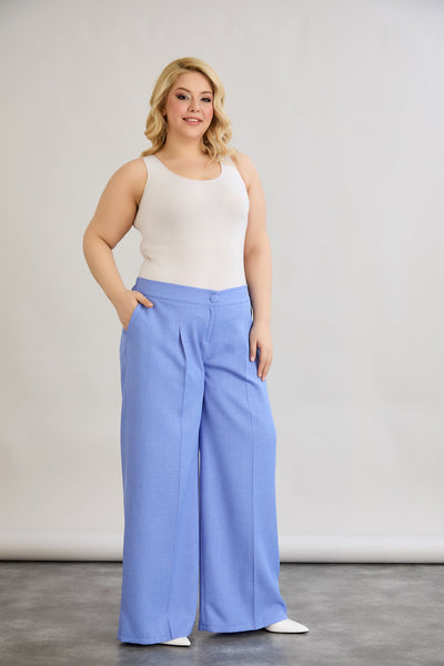 Pantaloni largi marime mare cu talie elastica din in si bumbac - albastru