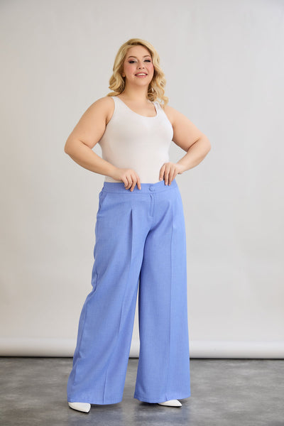 Pantaloni largi marime mare cu talie elastica din in si bumbac - albastru