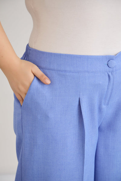 Pantaloni largi marime mare cu talie elastica din in si bumbac - albastru