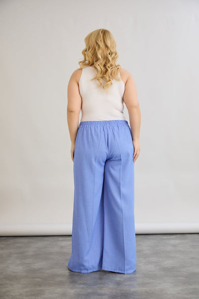 Pantaloni largi marime mare cu talie elastica din in si bumbac - albastru
