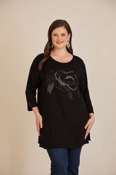 Tunica marime mare din vascoza cu imprimeu floral – negru