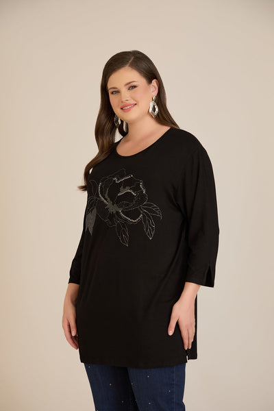 Tunica marime mare din vascoza cu imprimeu floral – negru