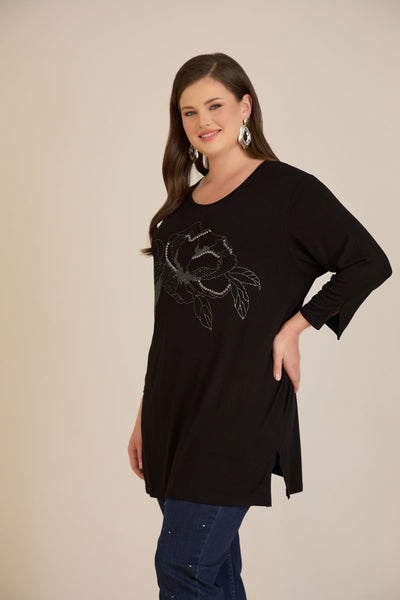 Tunica marime mare din vascoza cu imprimeu floral – negru