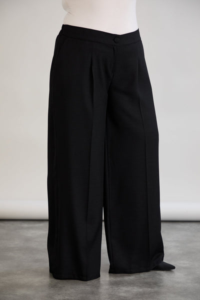 Pantaloni largi marime mare cu talie elastica din in si bumbac - negru