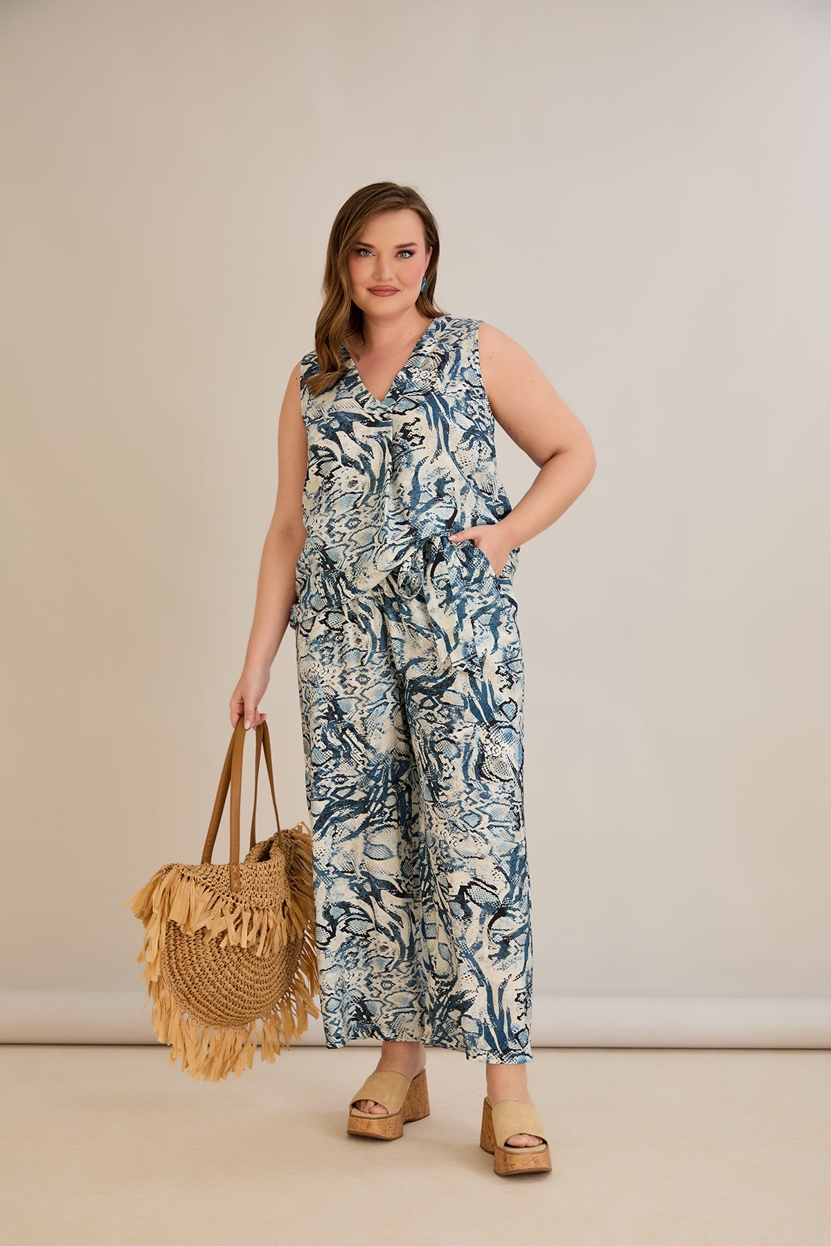 Compleu marime mare de vara din 2 piese pantaloni + maiou - 10752/10672