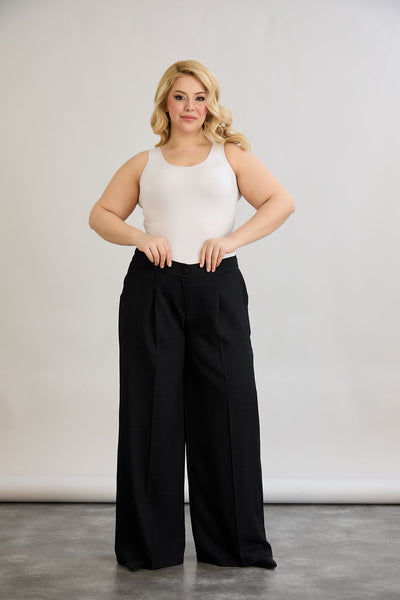 Pantaloni largi marime mare cu talie elastica din in si bumbac - negru