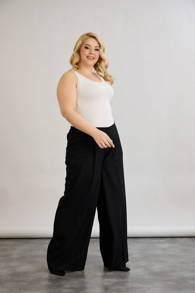 Pantaloni largi marime mare cu talie elastica din in si bumbac - negru