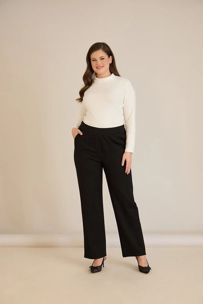 Pantalon mărime mare cu talie elastică și croială dreaptă – negru