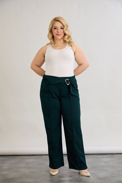 Pantalon marime mare cu cataramă si talie inalta - verde