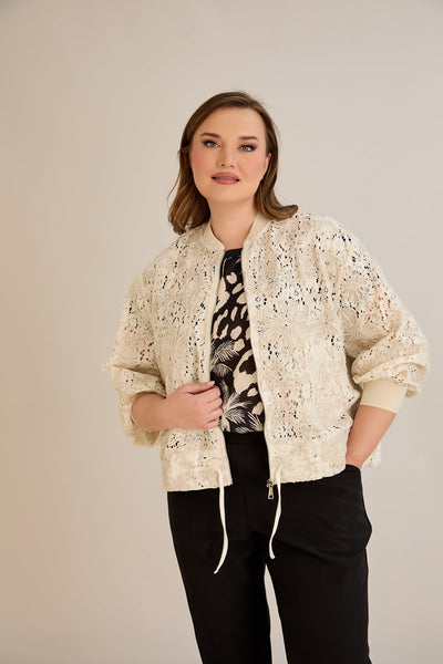 Jacheta marime mare din bumbac cu broderie florala si fermoar - 10713