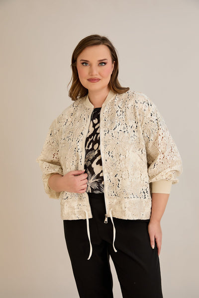 Jacheta marime mare din bumbac cu broderie florala si fermoar - 10713
