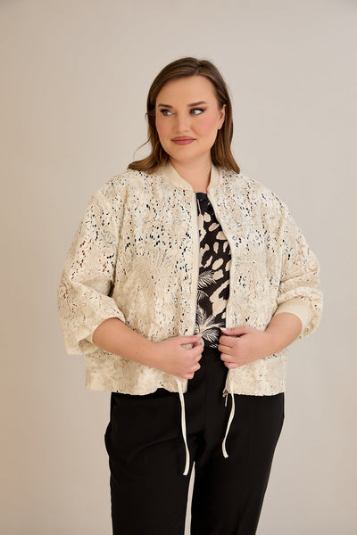 Jacheta marime mare din bumbac cu broderie florala si fermoar - 10713