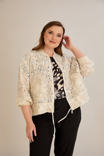 Jacheta marime mare din bumbac cu broderie florala si fermoar - 10713