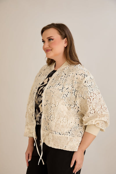 Jacheta marime mare din bumbac cu broderie florala si fermoar - 10713