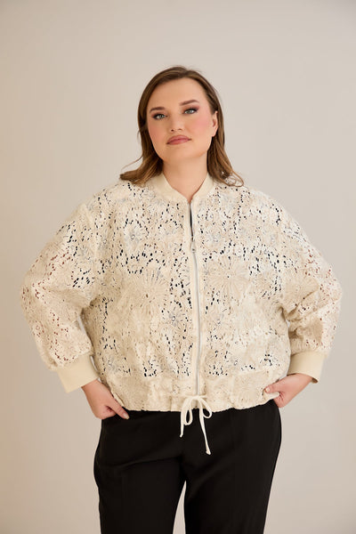 Jacheta marime mare din bumbac cu broderie florala si fermoar - 10713