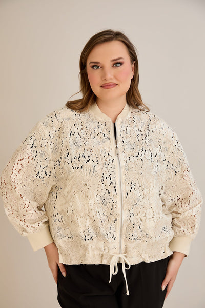 Jacheta marime mare din bumbac cu broderie florala si fermoar - 10713