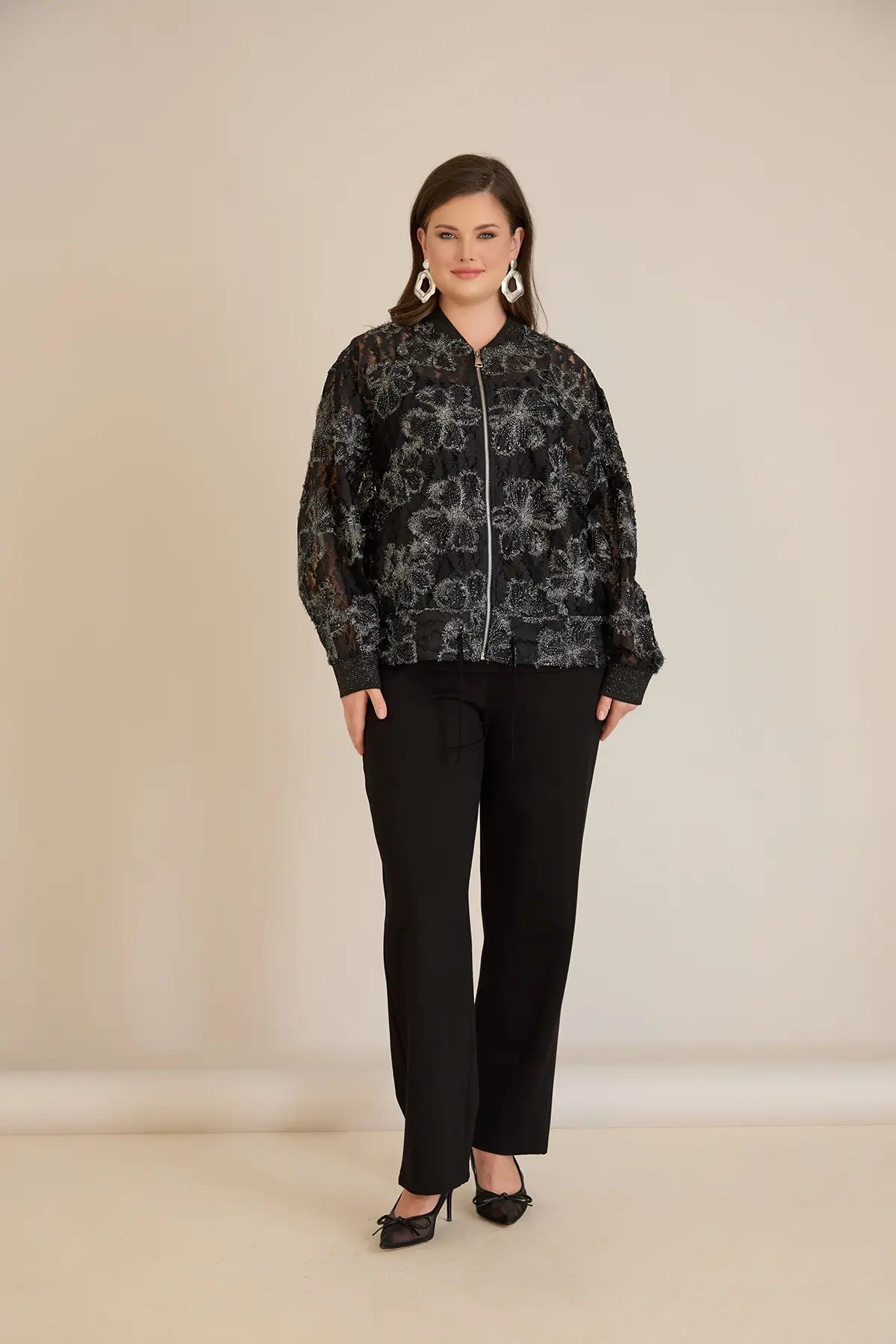 Jachetă elegantă mărime mare cu motive florale argintii