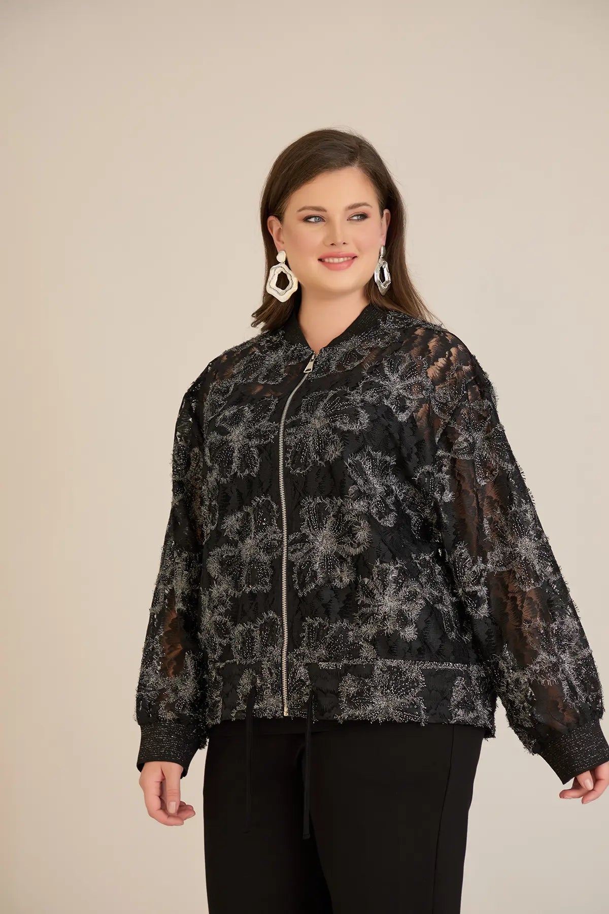 Jachetă elegantă mărime mare cu motive florale argintii