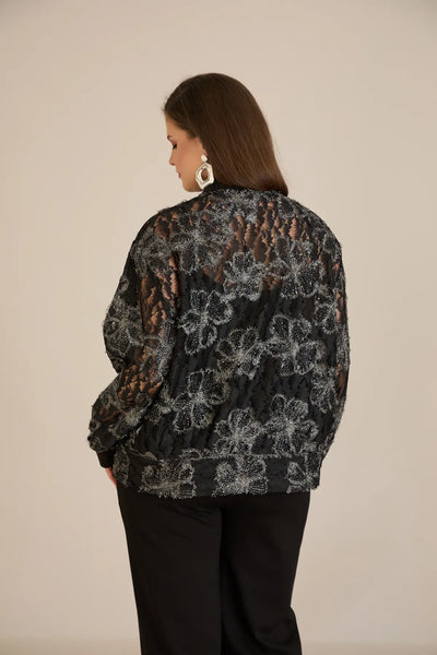 Jachetă elegantă mărime mare cu motive florale argintii