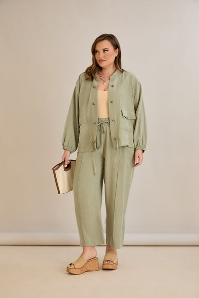 Compleu marime mare din 2 piese pantaloni+jacheta Premium Lyocell - verde 10810