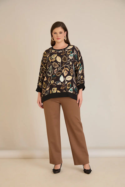 Pantalon mărime mare cu talie elastică și croială dreaptă – mocca