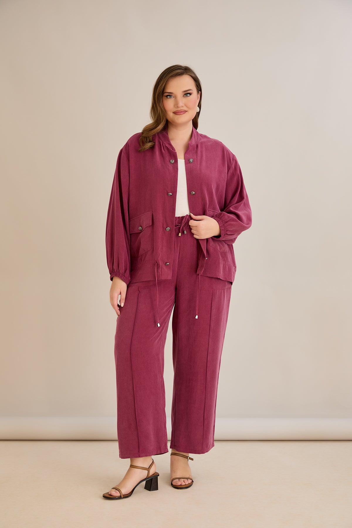 Compleu marime mare din 2 piese pantaloni+jacheta Premium Lyocell - Zmeura 10810