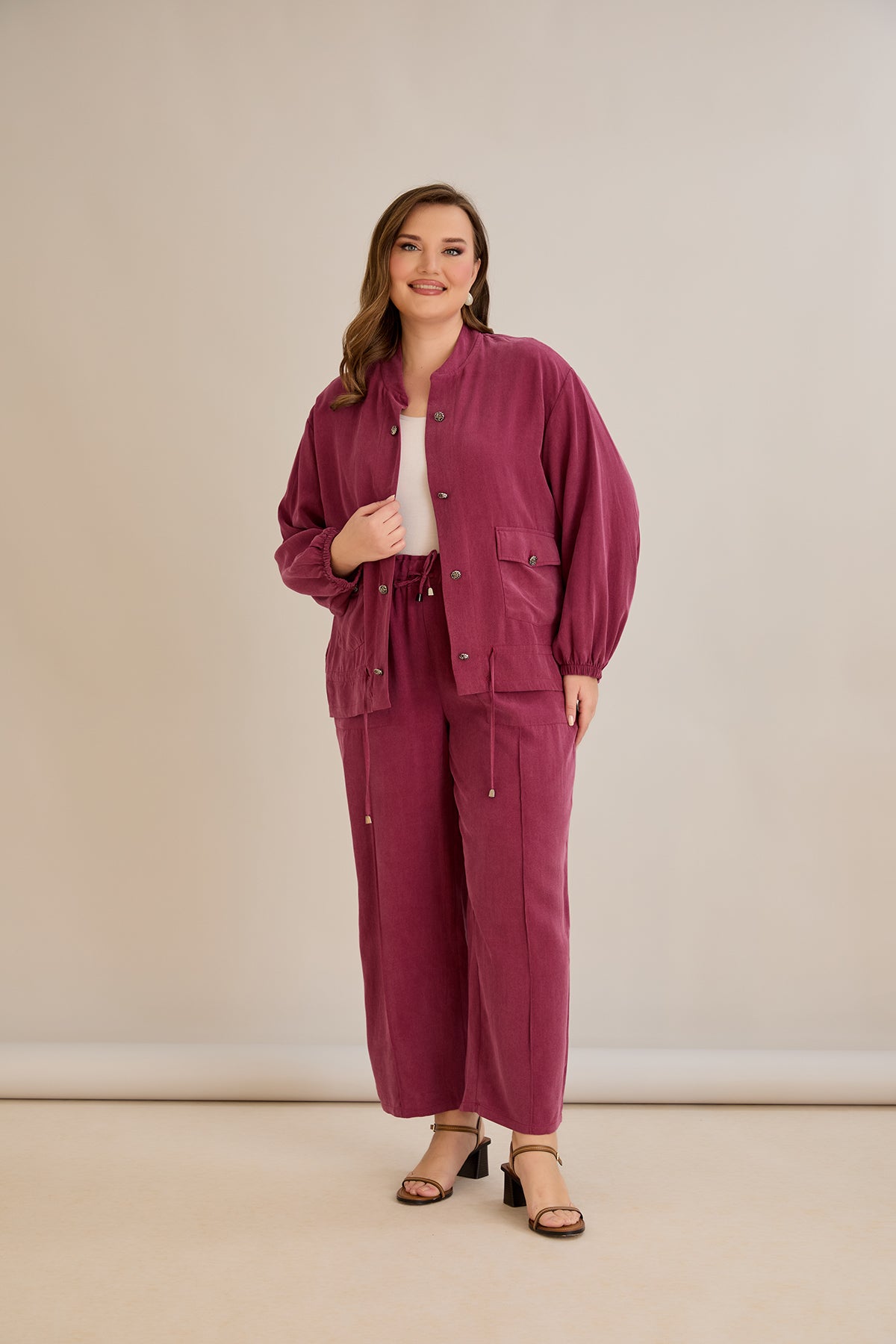 Compleu marime mare din 2 piese pantaloni+jacheta Premium Lyocell - Zmeura 10810