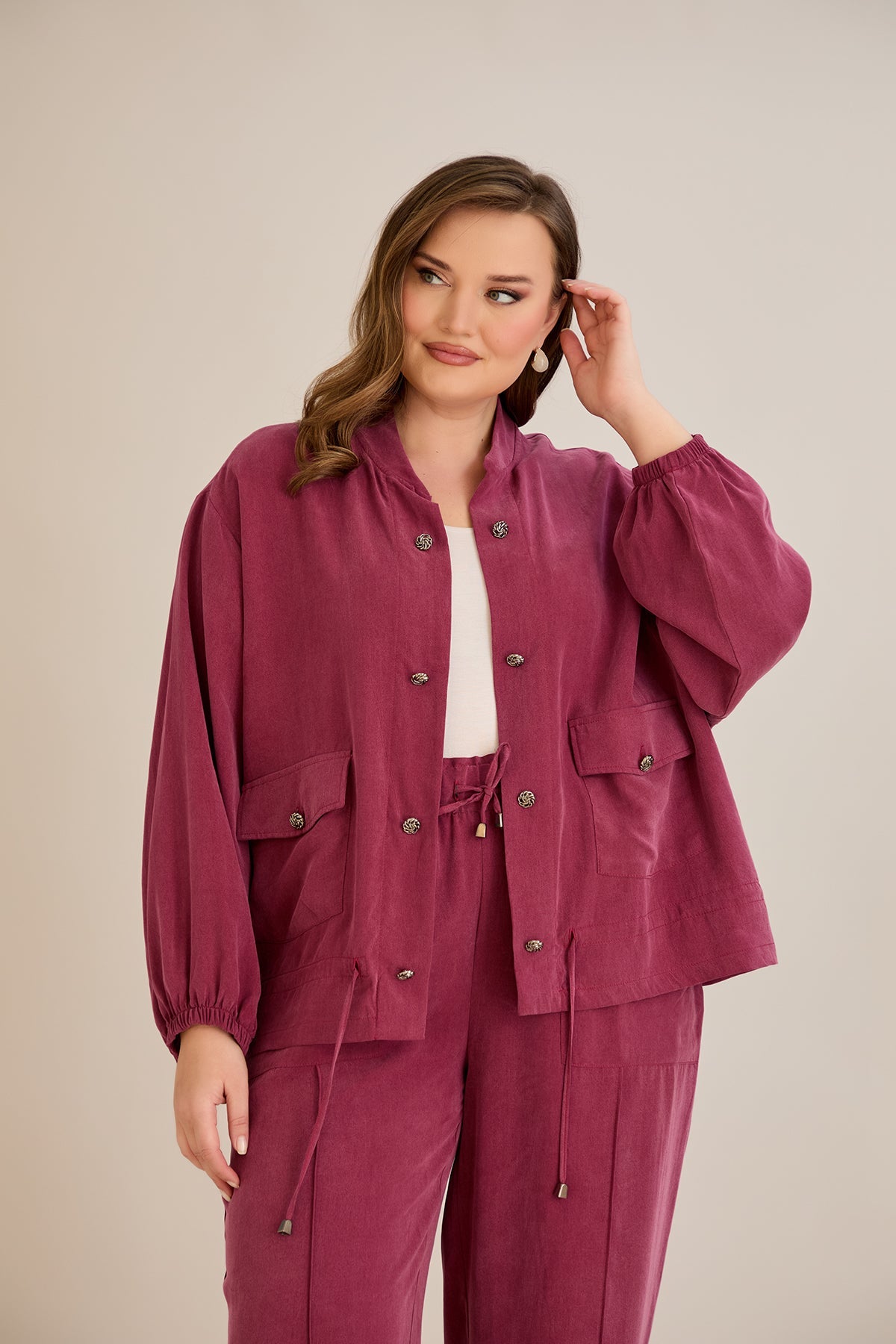 Compleu marime mare din 2 piese pantaloni+jacheta Premium Lyocell - Zmeura 10810