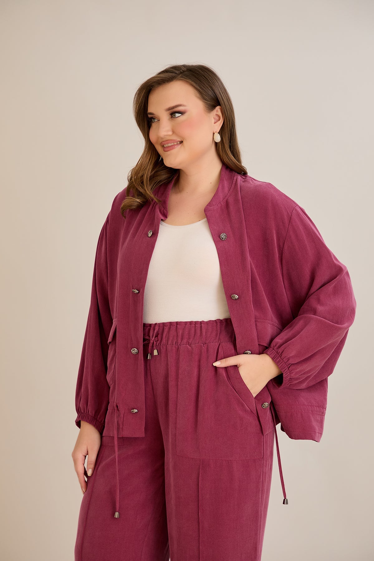 Compleu marime mare din 2 piese pantaloni+jacheta Premium Lyocell - Zmeura 10810