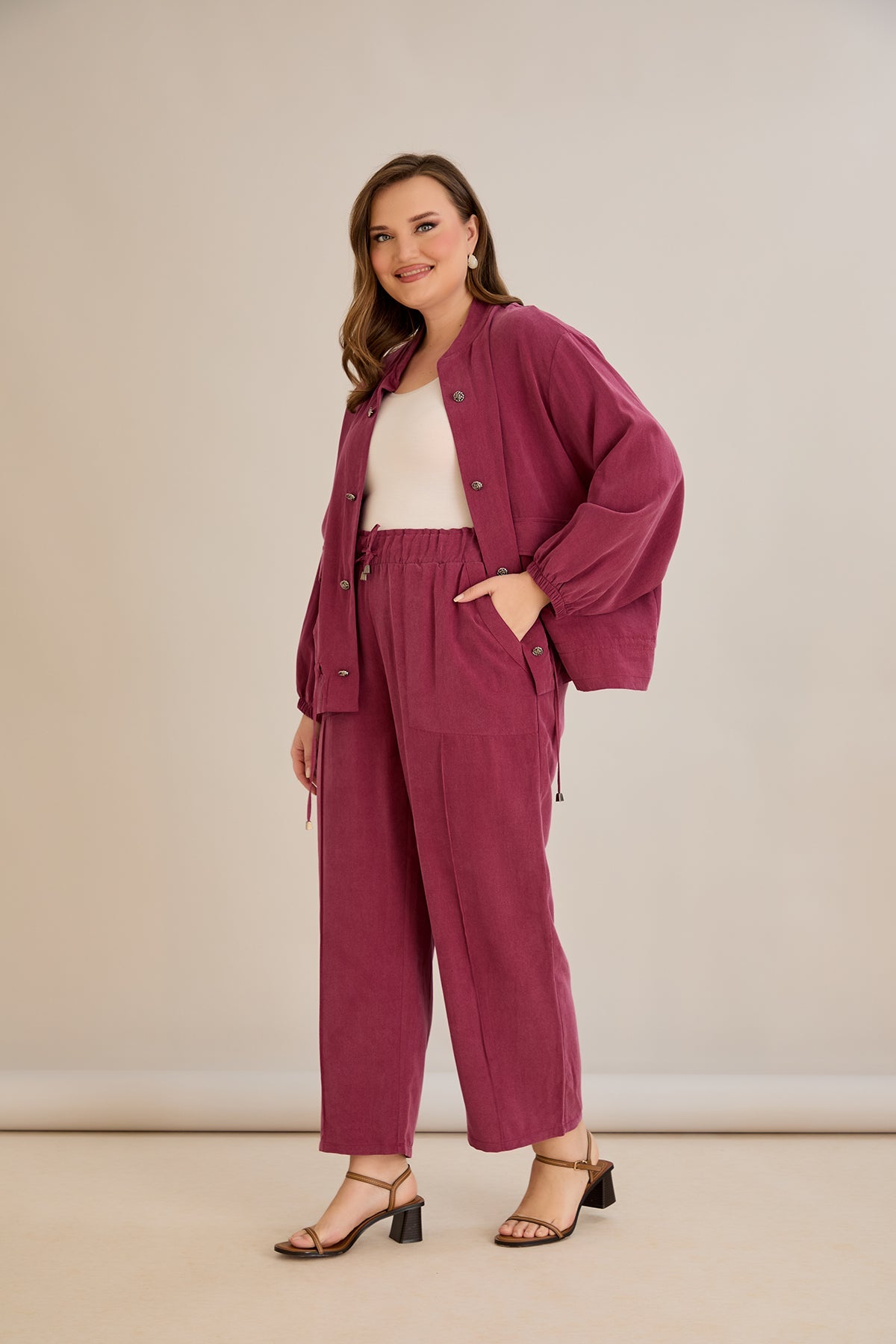 Compleu marime mare din 2 piese pantaloni+jacheta Premium Lyocell - Zmeura 10810