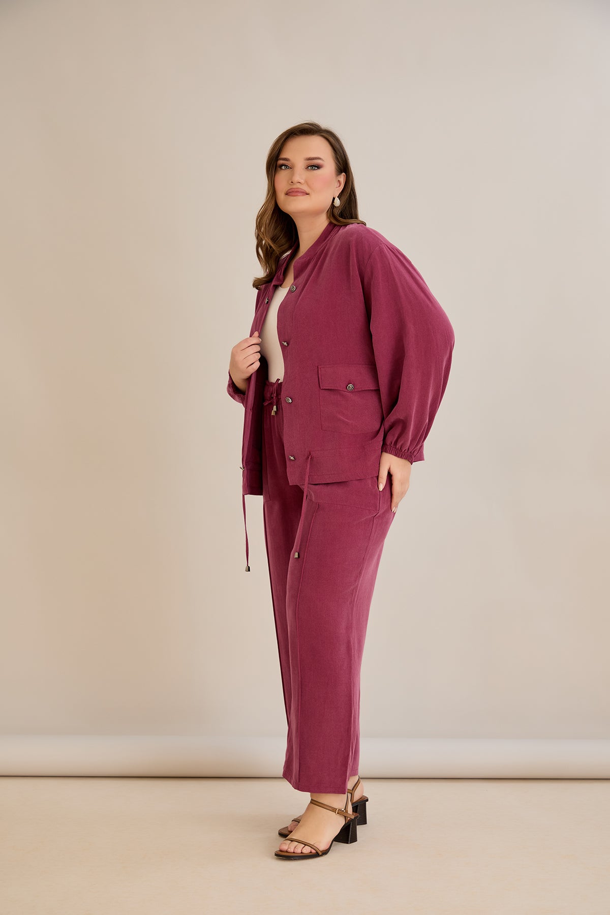 Compleu marime mare din 2 piese pantaloni+jacheta Premium Lyocell - Zmeura 10810