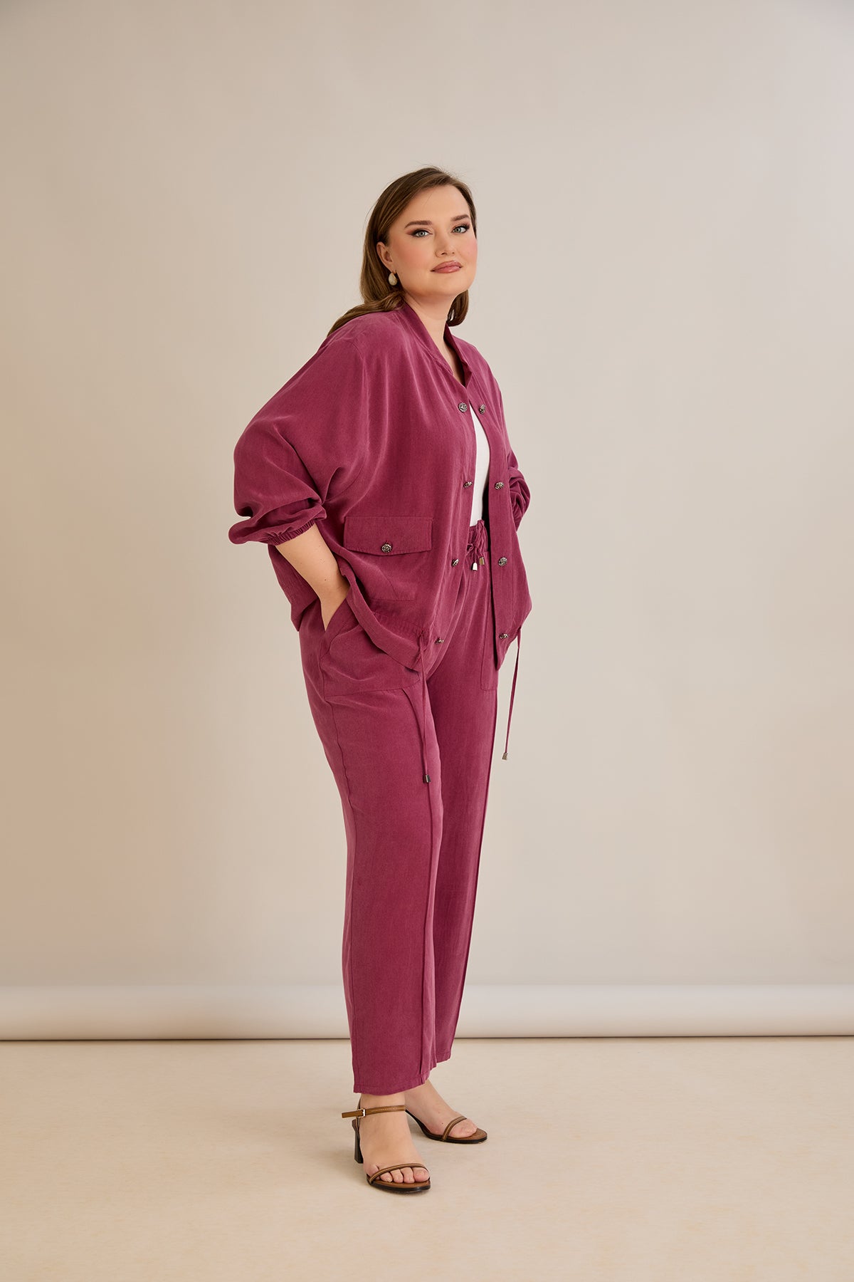 Compleu marime mare din 2 piese pantaloni+jacheta Premium Lyocell - Zmeura 10810