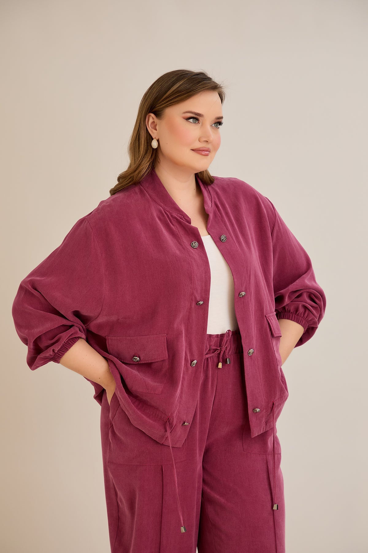 Compleu marime mare din 2 piese pantaloni+jacheta Premium Lyocell - Zmeura 10810