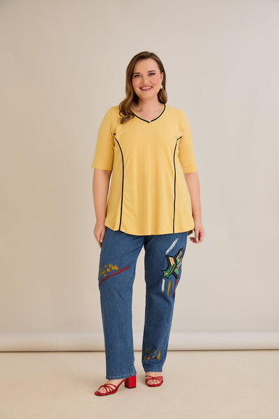 Bluza marime mare din bumbac linia A si maneci contrastante - ocru