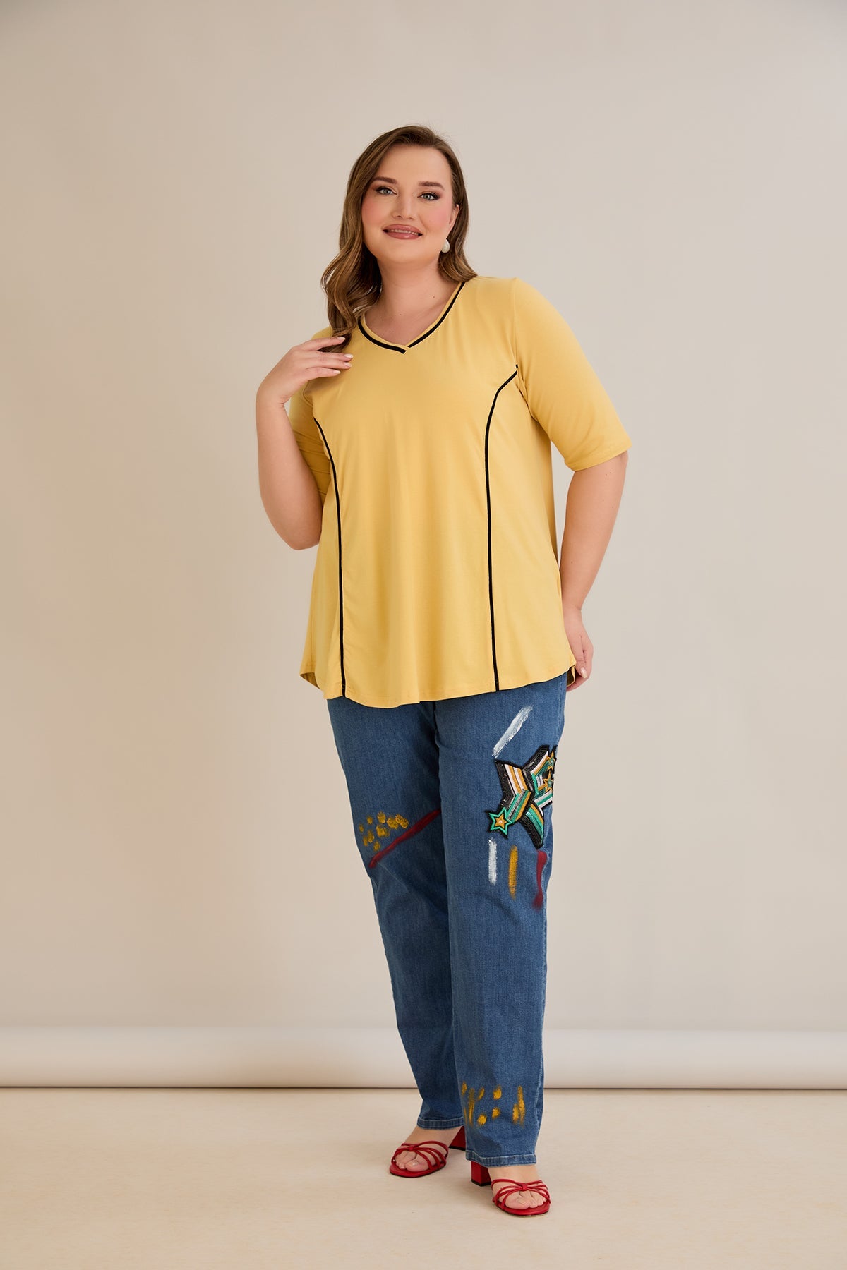 Bluza marime mare din bumbac linia A si maneci contrastante - ocru