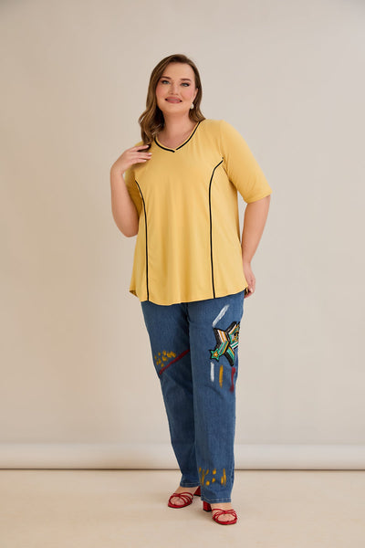 Bluza marime mare din bumbac linia A si maneci contrastante - ocru