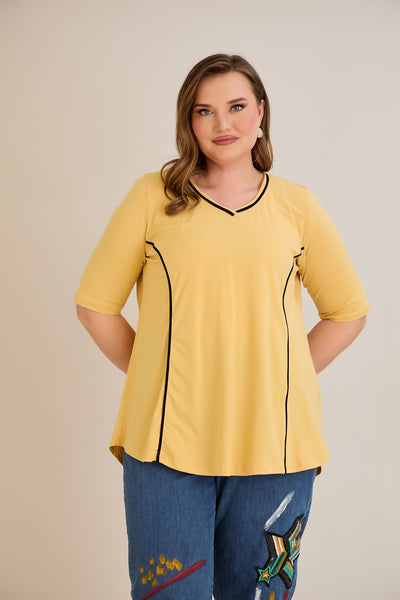 Bluza marime mare din bumbac linia A si maneci contrastante - ocru