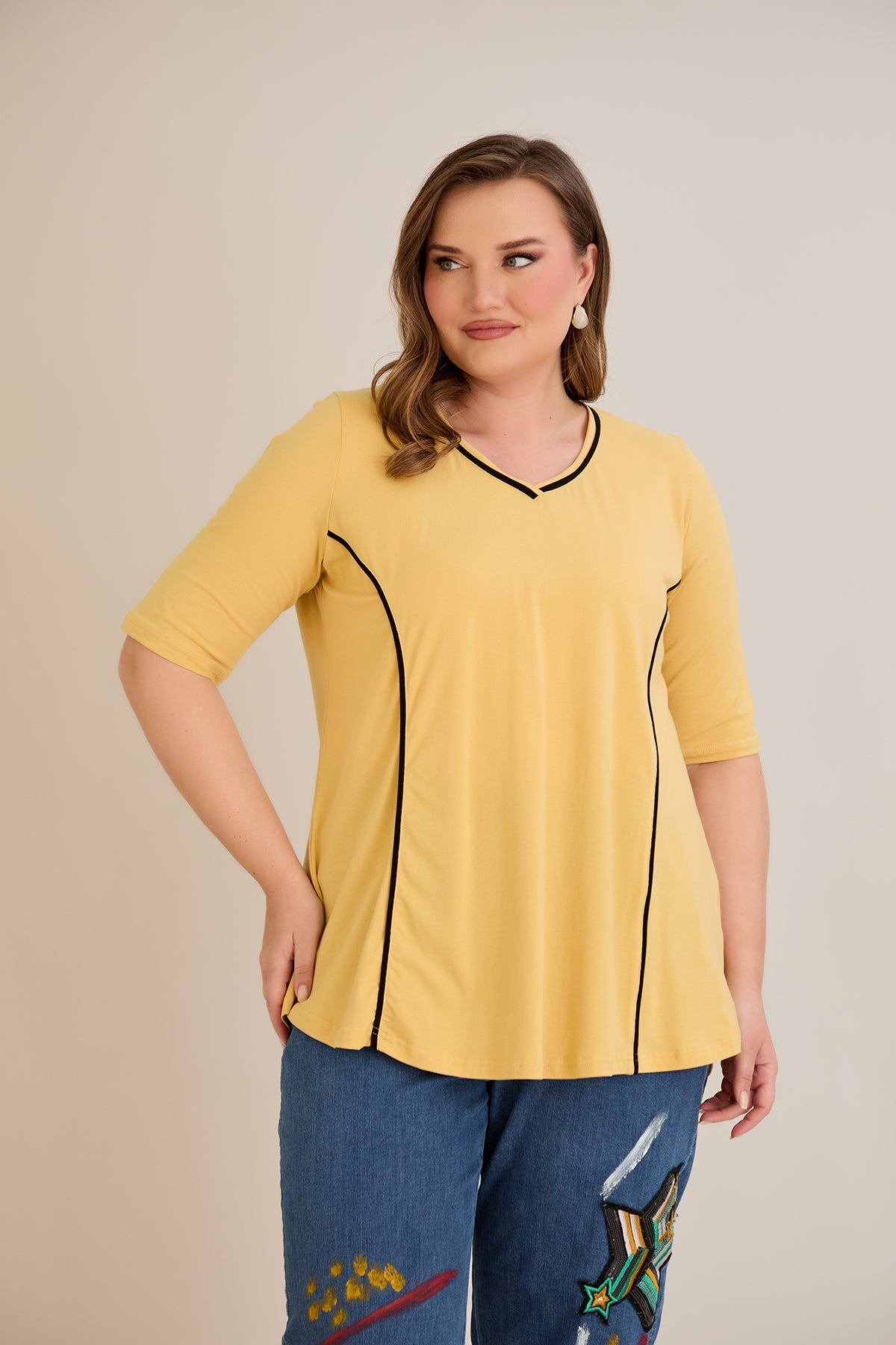 Bluza marime mare din bumbac linia A si maneci contrastante - ocru