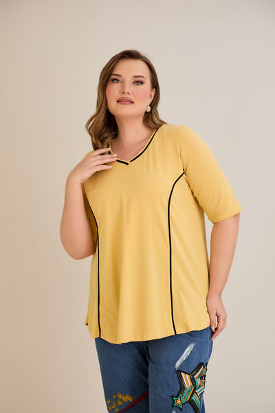 Bluza marime mare din bumbac linia A si maneci contrastante - ocru