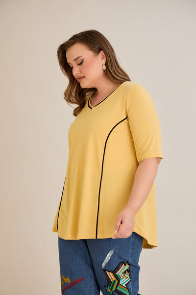 Bluza marime mare din bumbac linia A si maneci contrastante - ocru