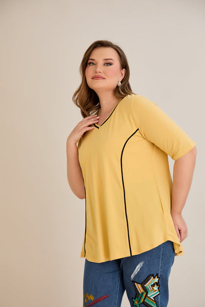 Bluza marime mare din bumbac linia A si maneci contrastante - ocru